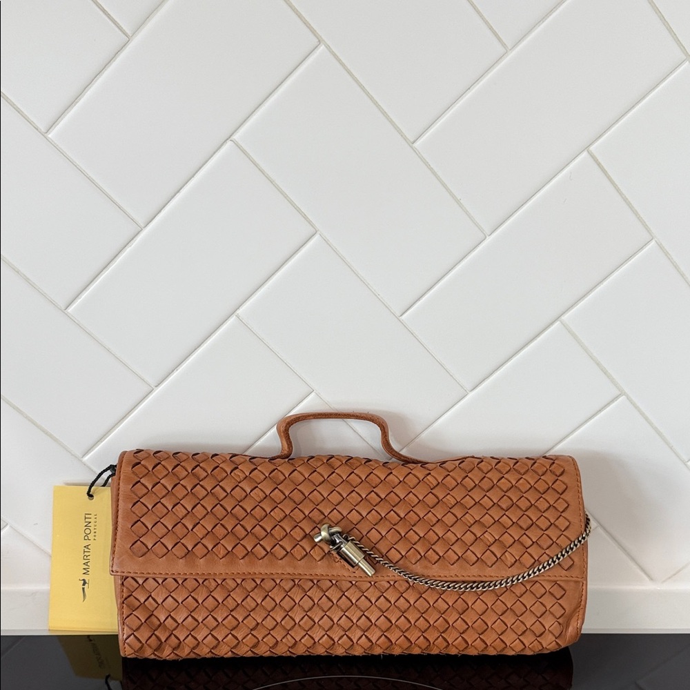 Woven Leather Clutch Wristlet in Cognac by (unbranded)